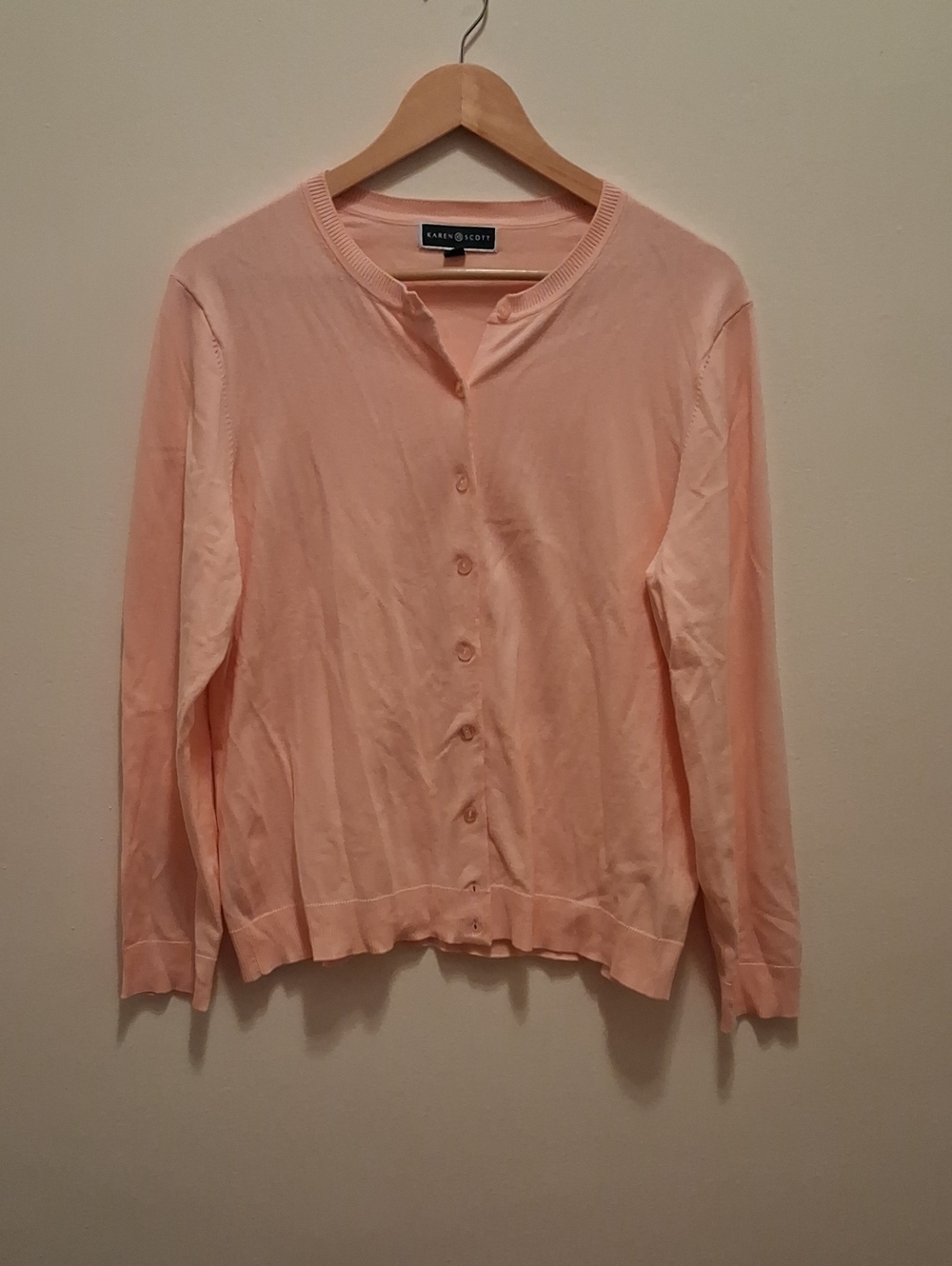 Karen Scott Light Pink Button-Front Crewneck Cardigan